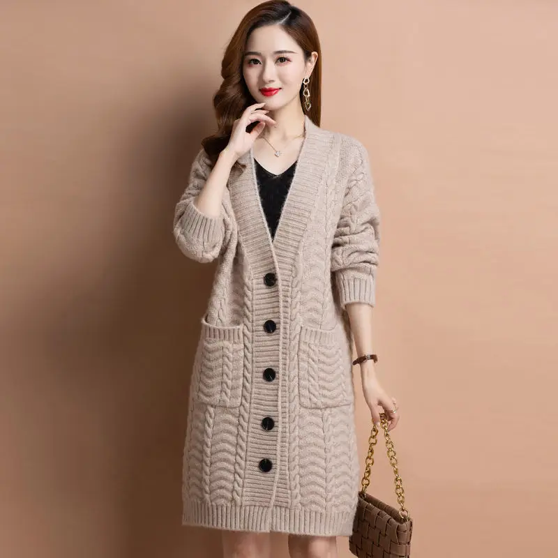 Women Clothing Autumn and Winter Knitting Cardigan Women\'s Medium Long Lazy Literary Loose Sweater Coat