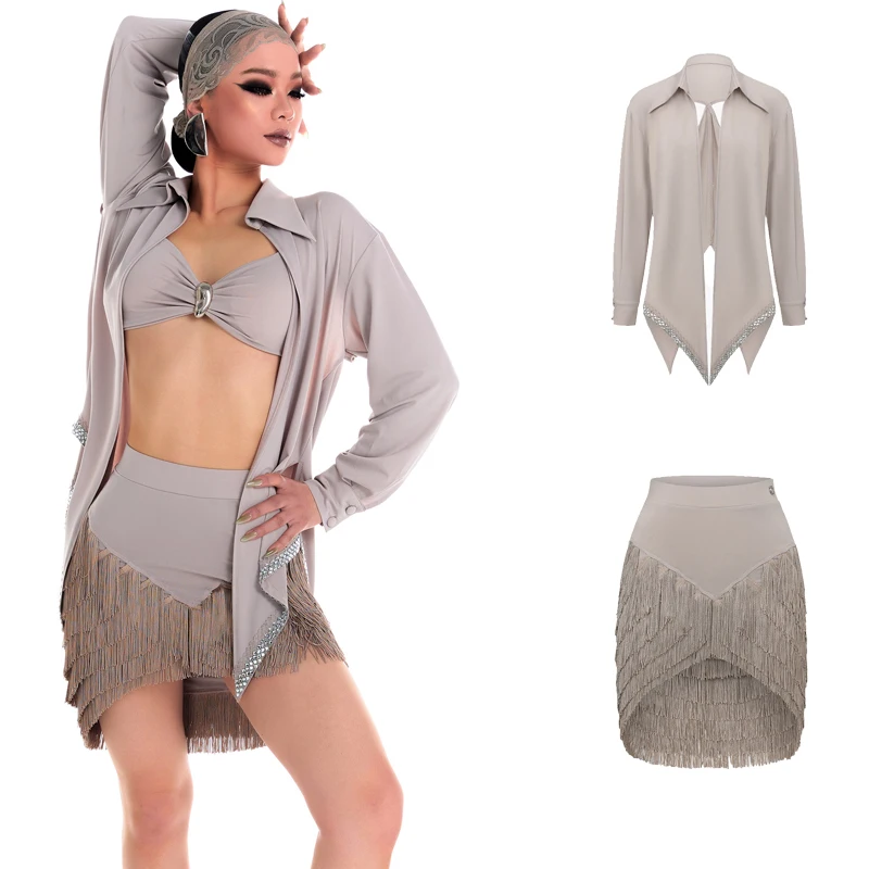 

DUYQ Ballroom Dance Performance Costume Women'S Latin Dance Clothing Long Sleeves Shirt Fringed Skirts Stage Suit SL15244