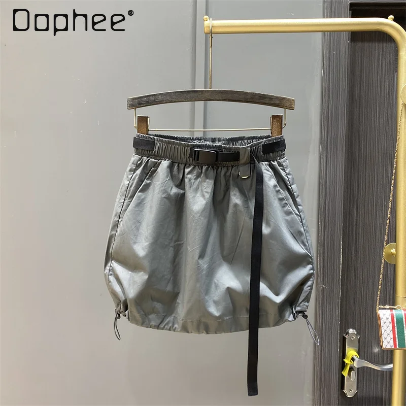 

Sweet Cool High Waist Gray Cargo Short Skirt Women Summer New Leisure Pleating Anti-Exposure Thin A- Line Sheath Skirts Ladies