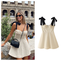 PB&ZA2024 Spring New Women's Fashion and Elegance Slim Fit Versatile Linen Blended Contrast Bow Decoration Mini Dress