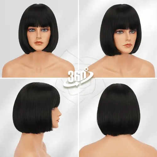 Imagen 2 del producto Peluca sintética Bob corto negro de 12 pulgadas con flequillo para mujer, pelucas de repuesto de pelo suave de aspecto Natural, Velma Kelly Halloween