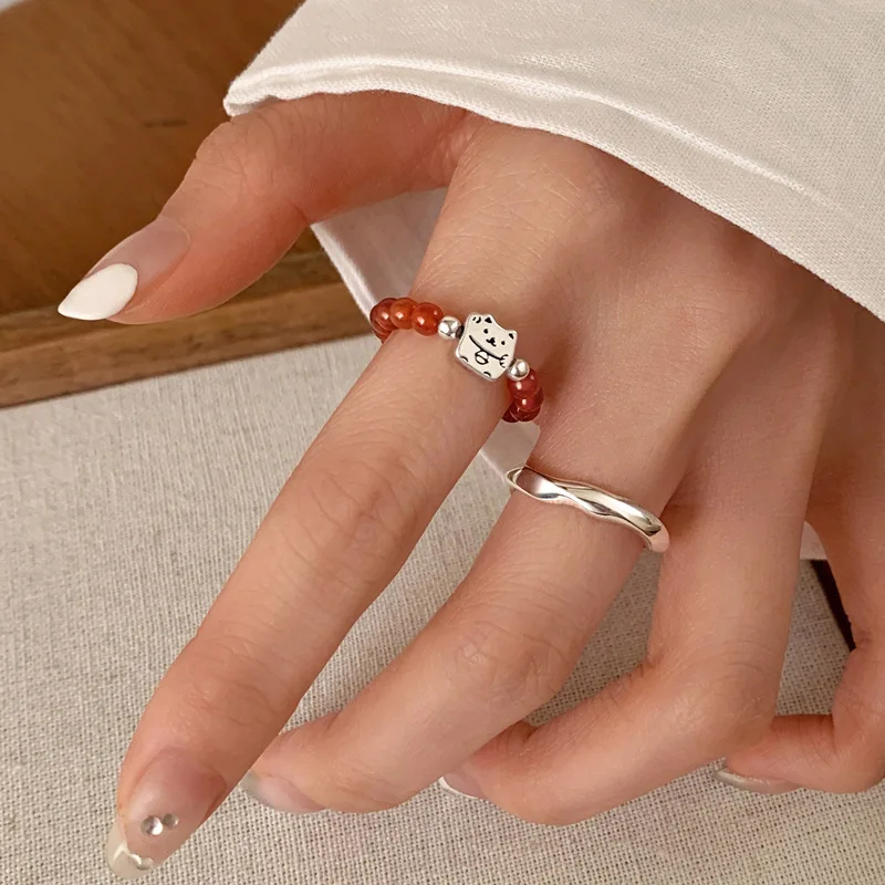 925 Silver Open Finger Ring Lucky Cat Cute Red Beads Elastic Wavy Elegant For Women Girl Jewelry Gift Dropship Wholesale