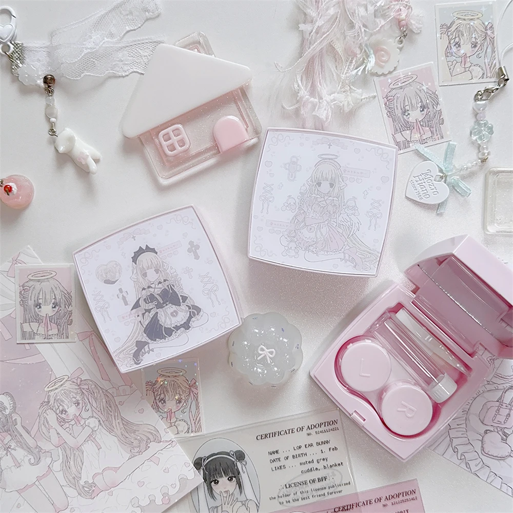 Cute Girl Angel Printed Storage Portable Contact Lens Storage Box Pink Square Home Decoration Storage Box 7.5cmx7.5cmx3.5cm