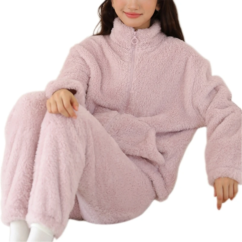 Conjuntos pijamas femininos lã quente Loungewear pijamas femininos manga comprida