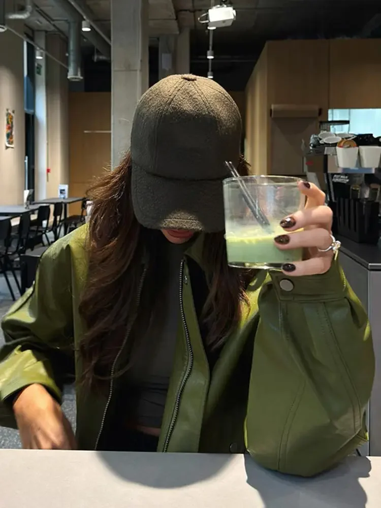 Veste en cuir vert Olive pour femmes, manteau avec Silhouette Vintage, fermeture éclair à revers, pardessus court, haut ample, vêtements d'extérieur, automne