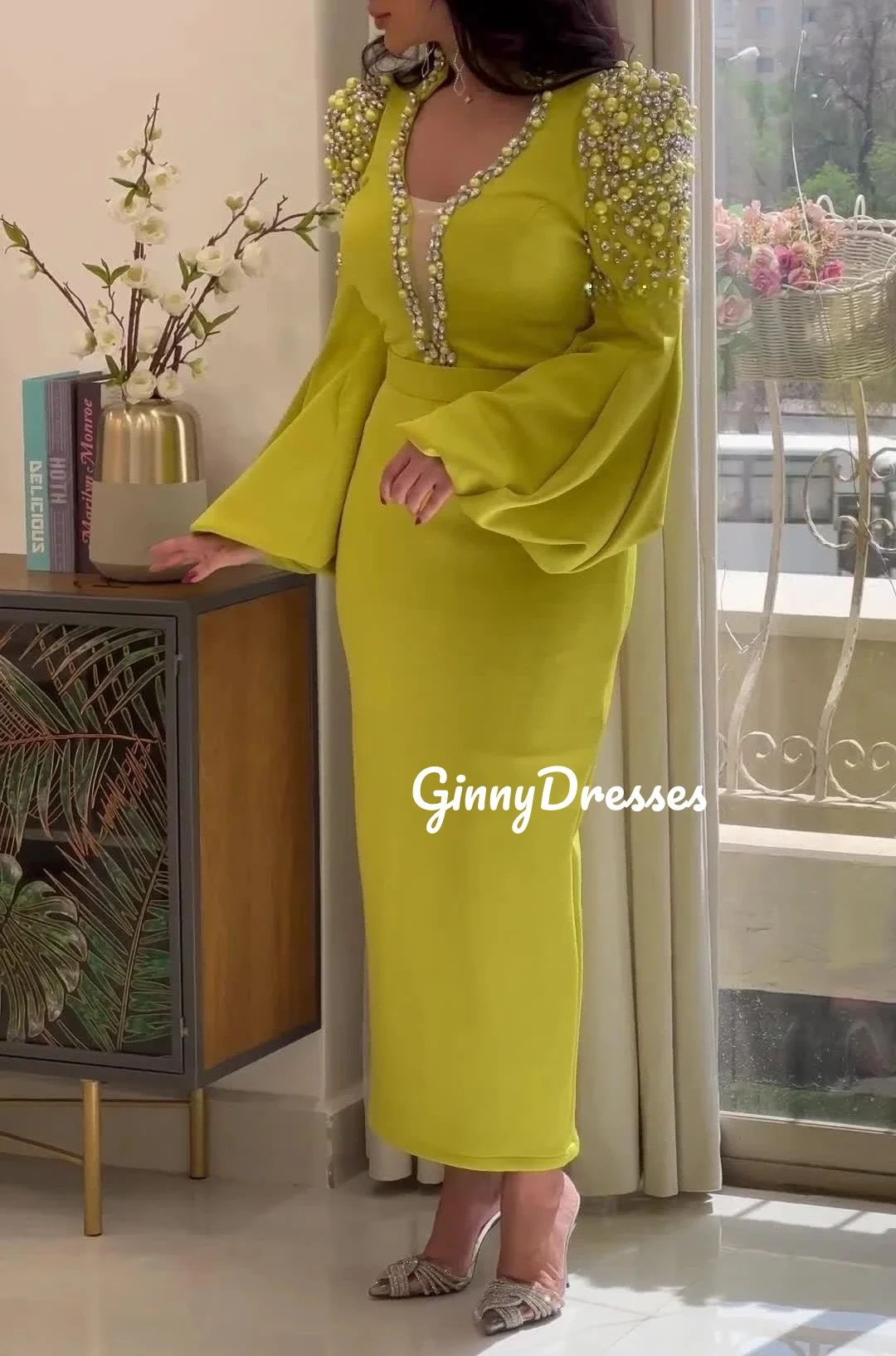 Customized Evening Dress Woman Scoop Neckline Column Prom Dresses Floor-Length Zipper Up Beadings Long Sleeves Lining Wedding