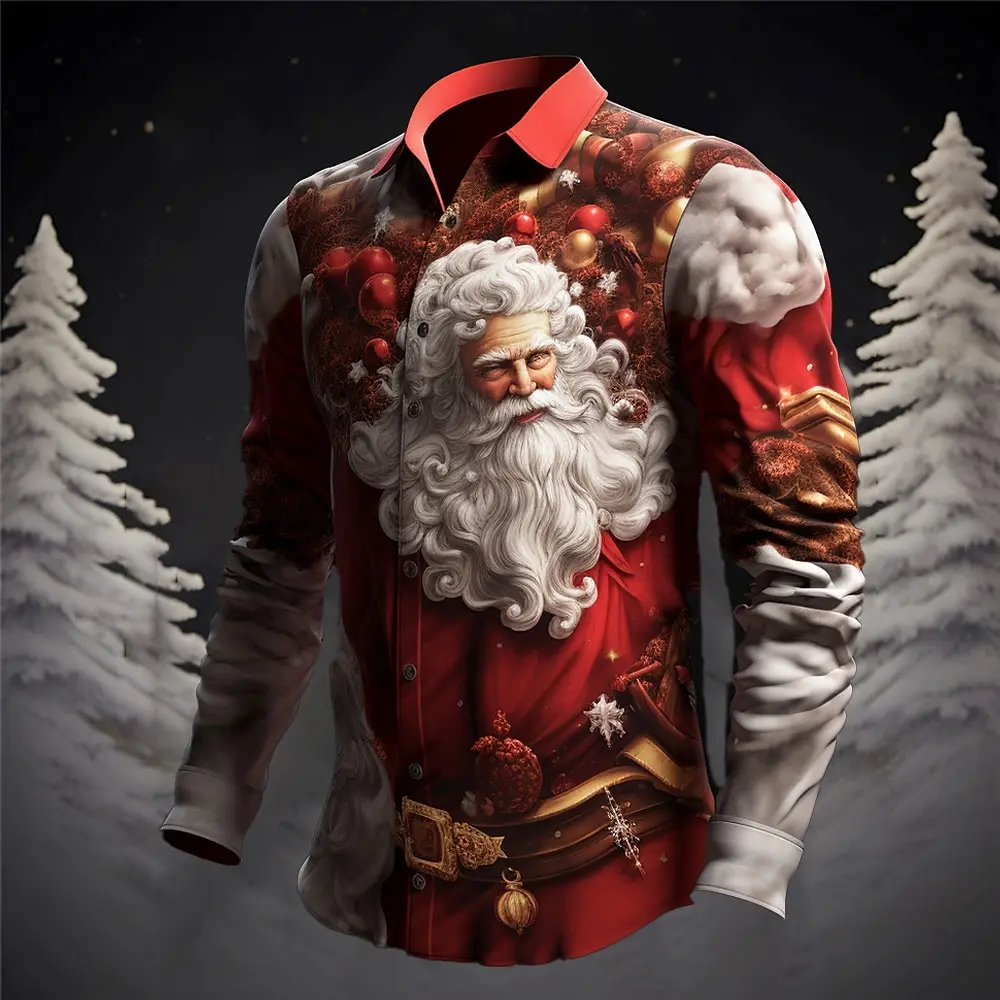 Fashion Casual Christmas Men's Shirt New Daily Santa Claus Autumn/Winter Fashion Collar Comfortable Long Sleeve 3D Printed