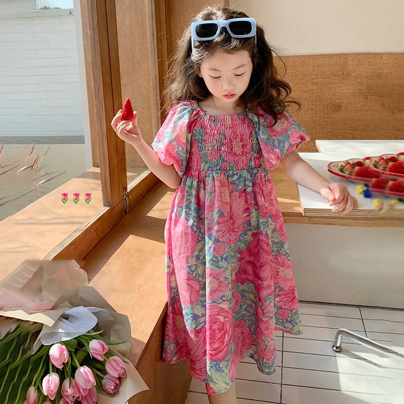 

Kids Toddler Girls Dresses Puff Sleeve Square Neck Floral Clothes Summer Children Girl Casual Dress Cute Princess Dresses