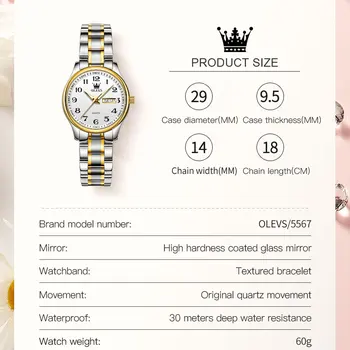 OLEVS 여성용 럭셔리 쿼츠 시계, 우아한 스테인리스 스틸, 야광 방수, 주간 날짜 손목시계, 숙녀 드레스 시계 