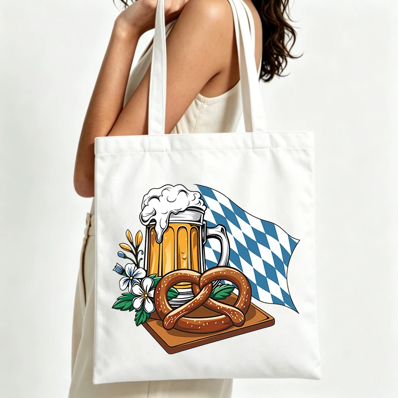 Women's beer mug and pretzel graphic canvas tote bag, casual style for Oktoberfest and daily outings