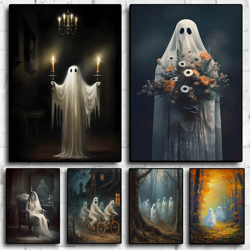 Ghost with Candles flowers in the Forest Dinner Halloween Ghost Portrait Dark Academia Gothic Art Home Wall Decor Sofa Painting