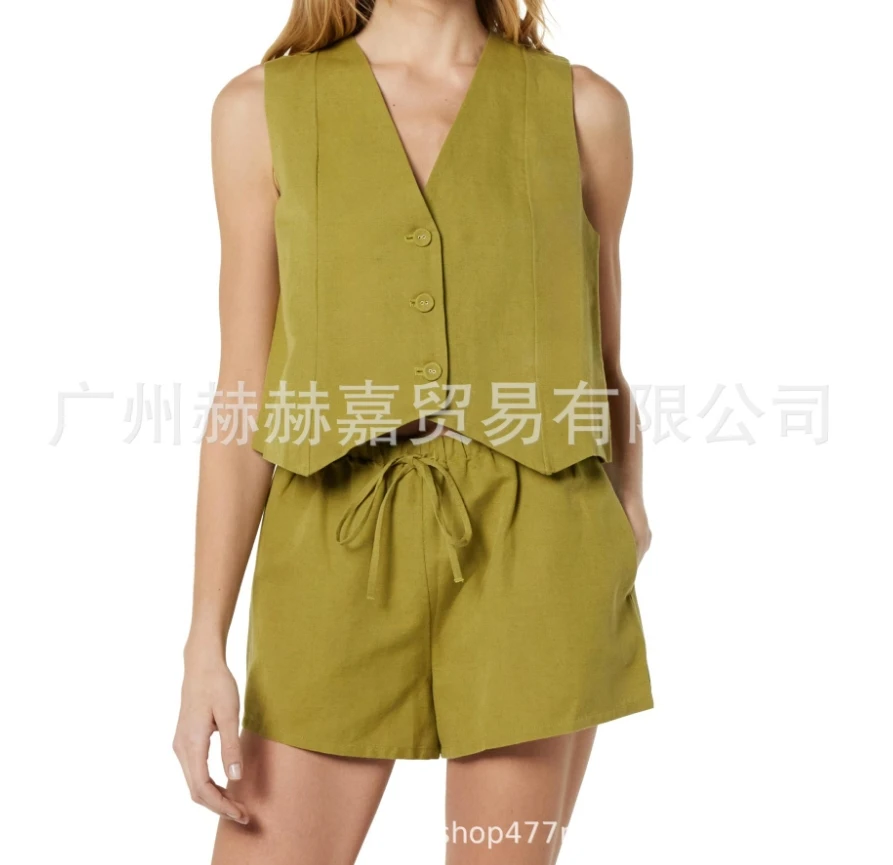 Versatile and Stylish V-Neck Sleeveless Short Vest Top with Elastic Waistband Shorts Set for Women's New Casual Summer Wear