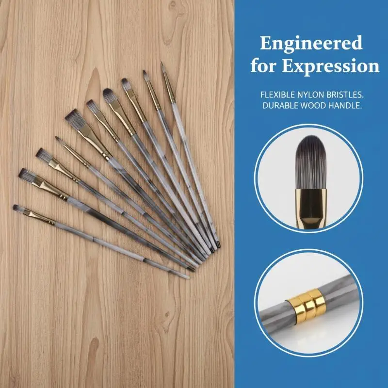10Pcs Nylon Hair Artist Paint Brush Set Professional Colorful Oil Painting Brushes Watercolor Acrylic Paintbrush
