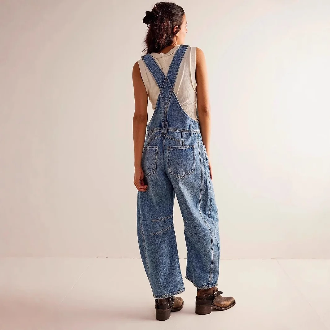 Casual Loose Denim Overalls with Pockets Youth Spring Fashion Natural Waist Jeans Blue Denim Fabric Folded  Detail