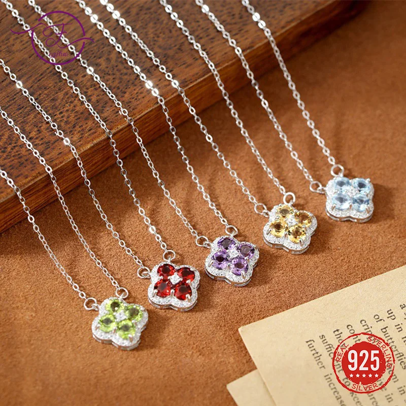 

925 Sterling Silver Four-Leaf Clover Necklace for Women Luxury Natural Crystal Pendant Classic Birthstone Luck Jewelry FCGJHW