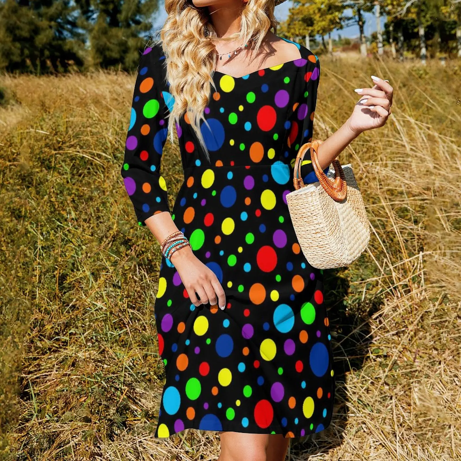 Vintage 80S Polka Dots Casual Dress Dark Rainbow Spots Stylish Dresses Sexy Elegant Dress Print Clothing Big Size 4XL 5XL