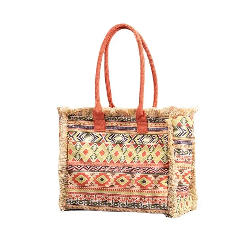 Bohemian Style Large Capacity Canvas Summer Beach Tote Travel Purse High Quality Women Custom Paisley Pattern Handbag