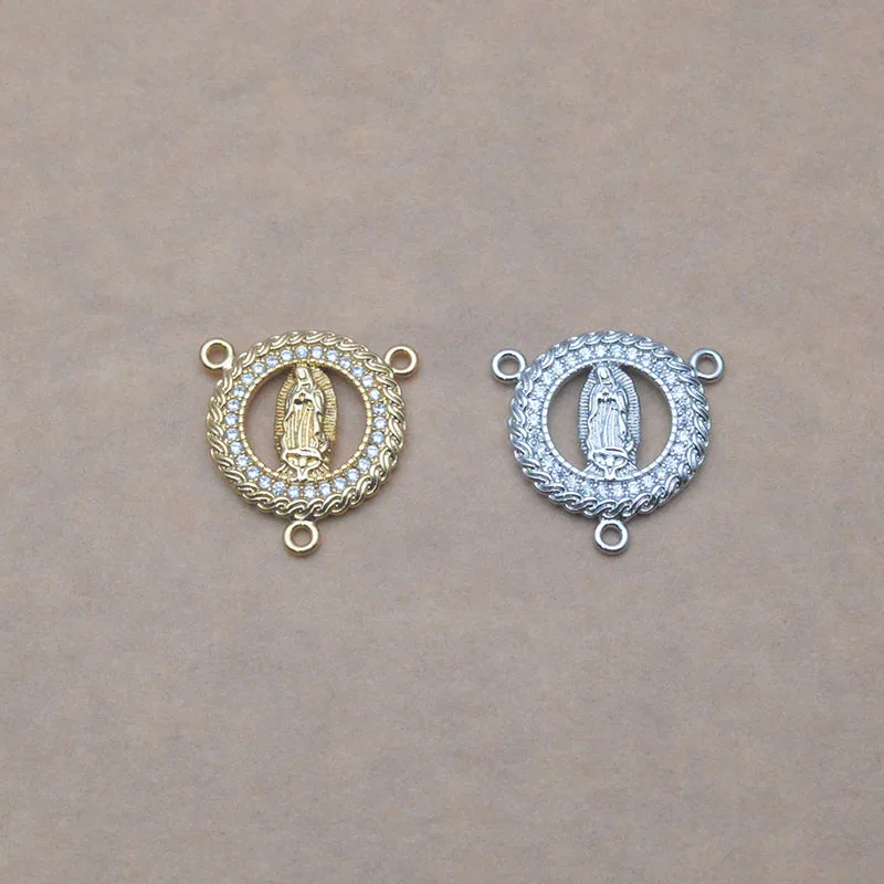 10pcs/lot 18k Gold Plated CZ Pave Round Shape Virgin Mary Charm Connector Three Hole Clasp Connector for Jewelry Making