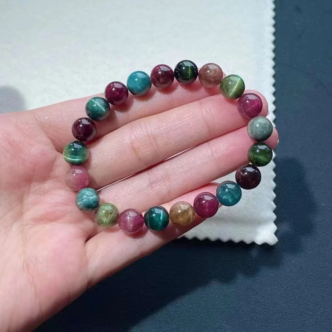 Natural Colorful Tourmaline Cat Eye Beads Bracelet 9.3mm Red Green Blue Tourmaline Women Men Jewelry AAAAAAA