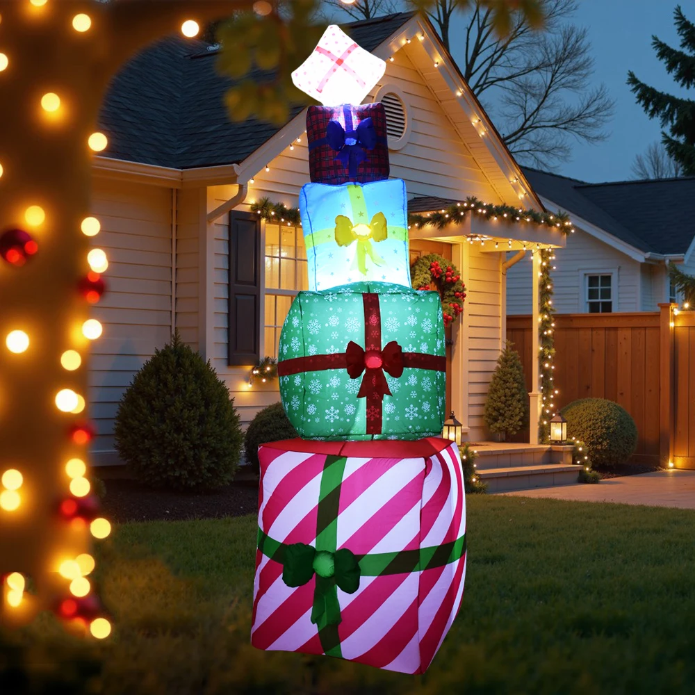 2.4m Christmas Inflatable Gift Boxes Decorations Built-in LED Lights Blow Up Xmas Decor for Holiday Indoor Outdoor Yard Lawn
