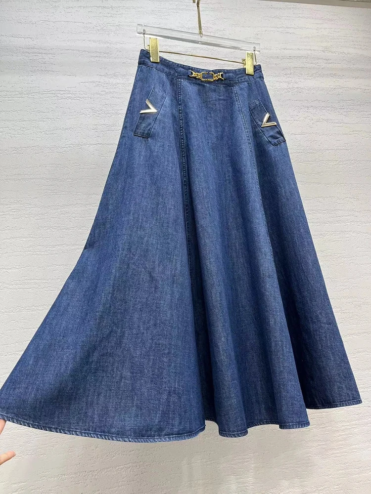 VGH Solid Patchwork Sequins Loose Skirt For Women High Waist Spliced Pocket Casual Minimalist A Line Skirts Female Fashion New