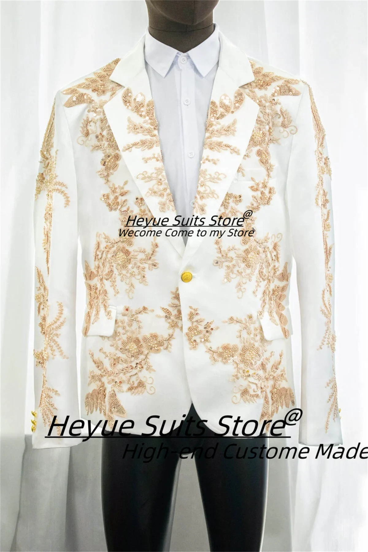 Luxuly Golden Applique Process Heavy Work Men Suits Customized Slim Notched Lapel Groom Wedding Tuxedos 2 Pcs Sets Ropa Hombre