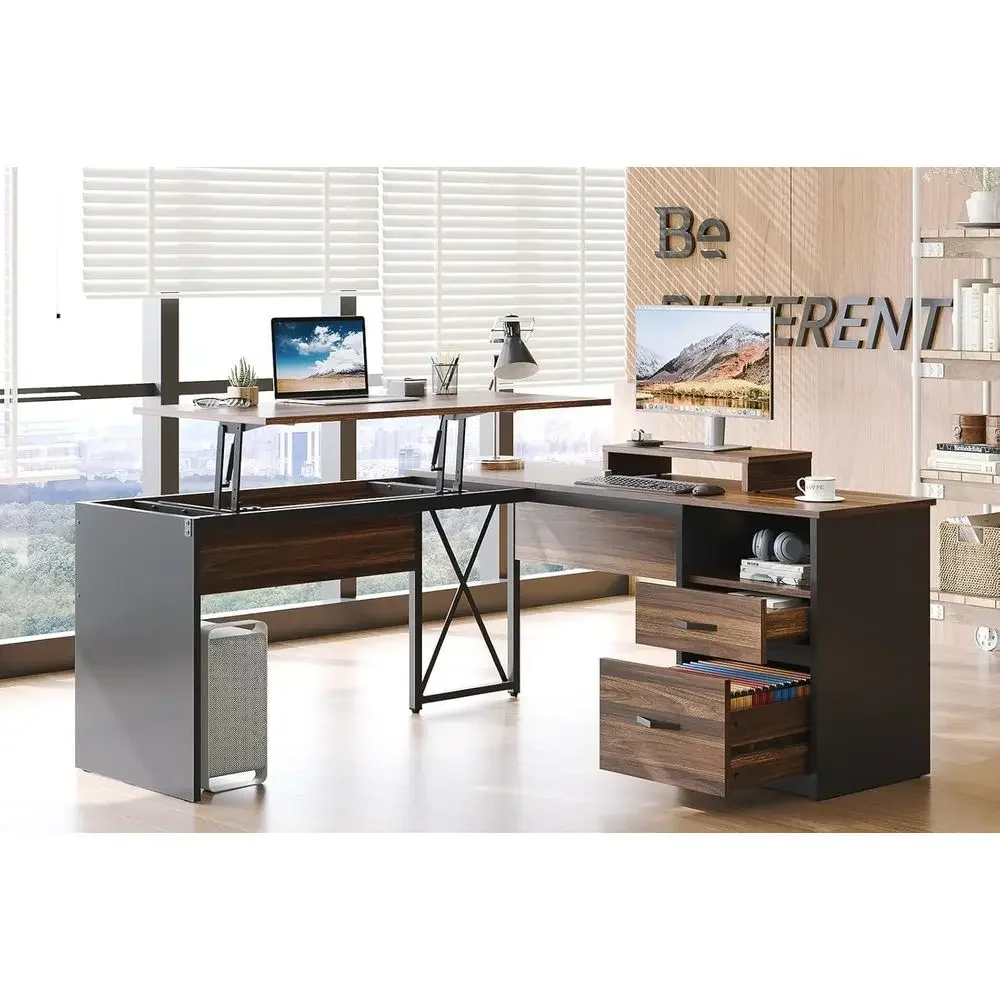Walnut 55 L-Shaped Desk with Illuminated Top, Reversible File Drawer and Monitor Stand for Home Office
