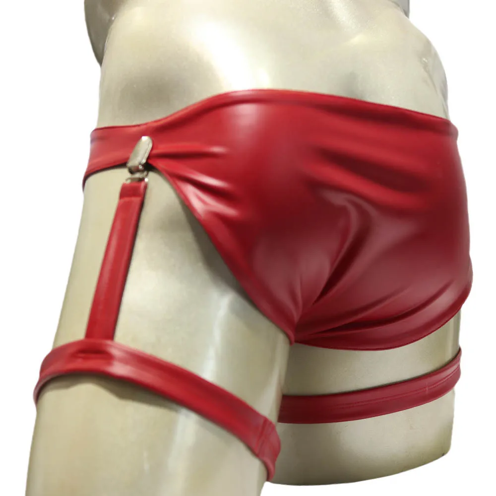 Men Low Waist Brief Leg Wrappings Trunks M-4XL Double-Sided Latex Ammonia Front Zipper Sexy Leggings PU Leather Puttee Underwear