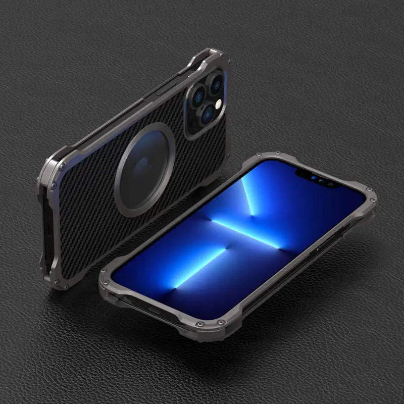

Сверхмощный металлический чехол для телефона из углеродного волокна для iPhone 16, 15, 14, 13, 12, Pro Max с защитой от падения, Magsafe для iPhone 14 15 16Pro max
