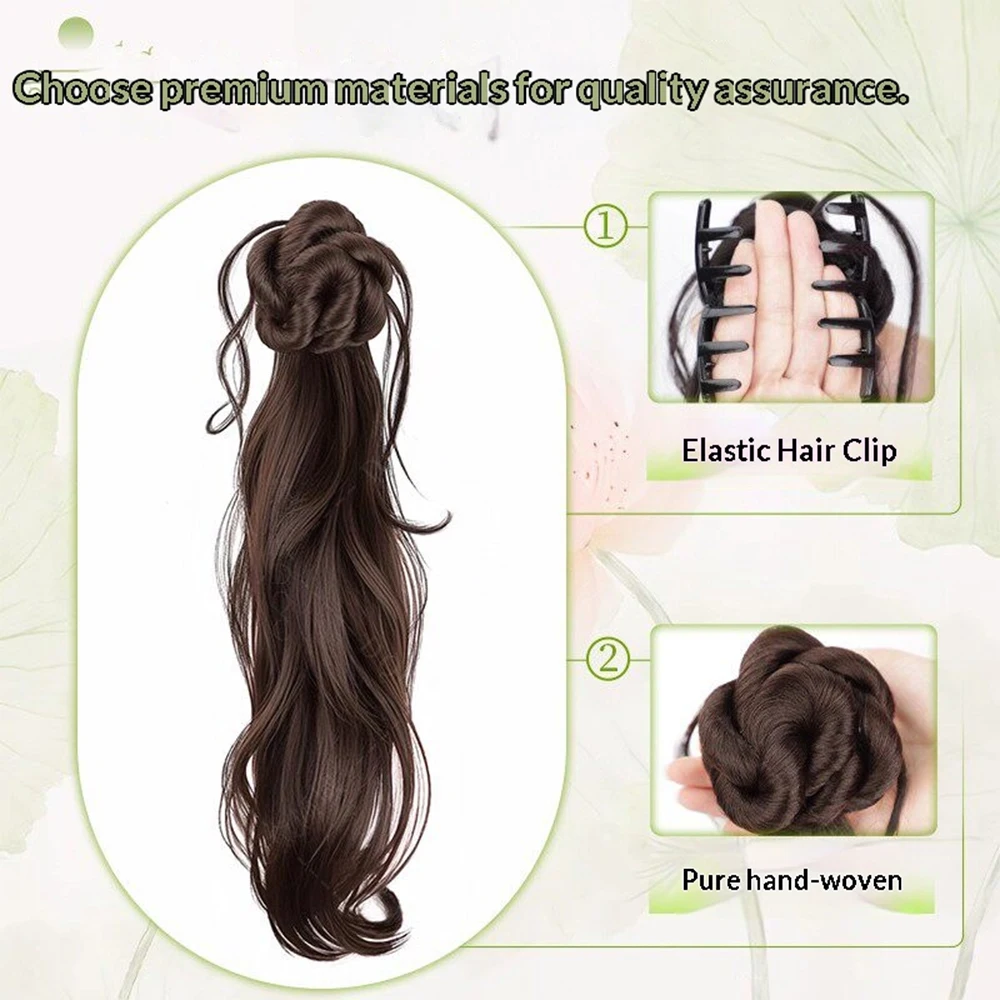 20 Inch New Chinese Style Claw Clip Bun Ponytail Synthetic Hair Heat Resistant Retro Hair Accessories for Women Daily Party