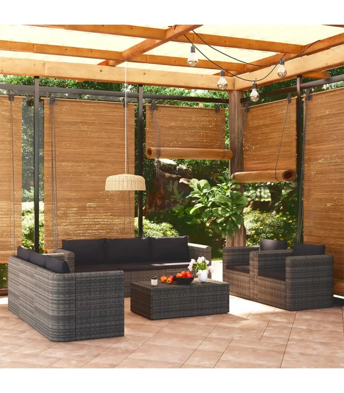 Garden Sets Garden Furniture Set 9 PCs and Cushions Grey Synthetic Rattan