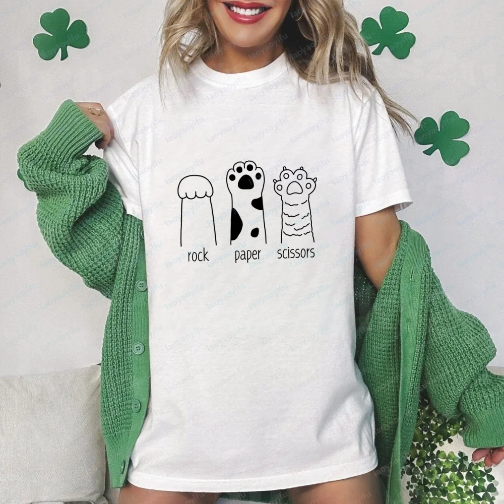 Female Y2K Loose Tee Retro Cat Paw Rock Paper Scissors Game Print Short Sleeve T-shirt Teen Girls Streetwear Casual Tops