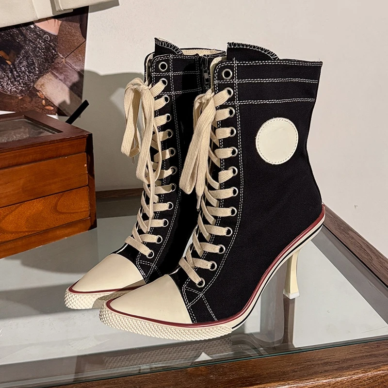 Pointed Canvas High-Heel Ankle Boots Vintage Lace-Up Side Zipper Slim Heel Niche Design Hot Girl Mid-Calf Boots view 6
