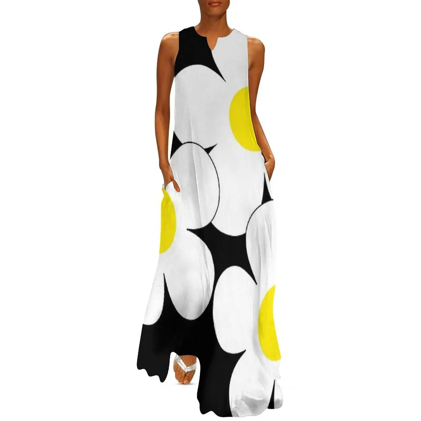 

60's Flower Power Pop Flowers in Black and White Yellow Centers Long Dress Women's summer dress Woman clothes Dress women