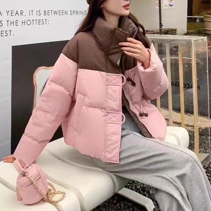 Winter Women Parkas Spliced Horn Buttons Puffer Casual Loose Down Cotton Padded Coat Quilted Stand Collar Warm Pockets Jackets