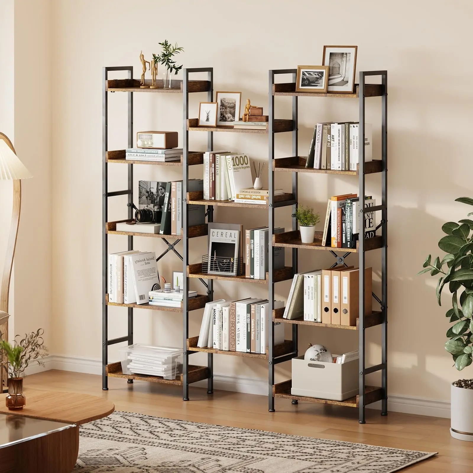 

Triple 5 Tier Bookshelf With 14 Open Shelves, Wide Industrial Wooden Bookcase Storage Rack For Living Room Bedroom Home Office