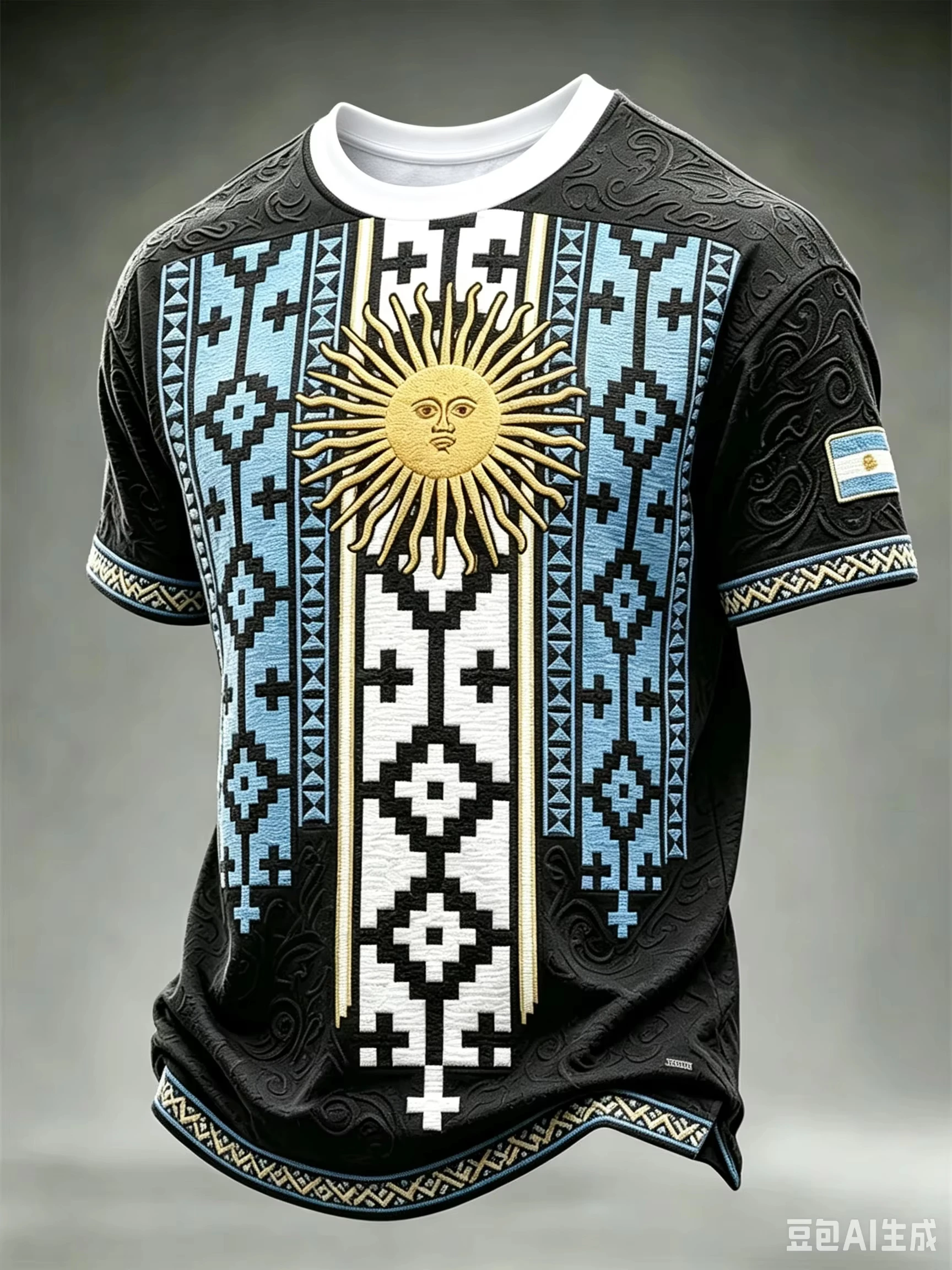Argentina Fan T-shirt Sun of May Embroidery Andean Tribal Geometric Embossed Pattern Black Base Knit Crewneck Ethnic Trim