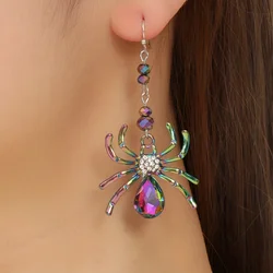 Colorful Rhinestone Spider Dangle Earrings for Halloween and Vacation, Cute Zinc Alloy Jewelry for Women