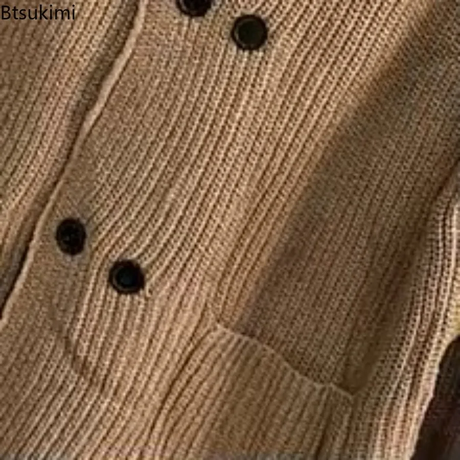 Men's Winter Knit Turtleneck Sweater Long Sleeve Solid Knitwear Cardigan Jacket Retro Leisure Double-breasted Pocket Pullover