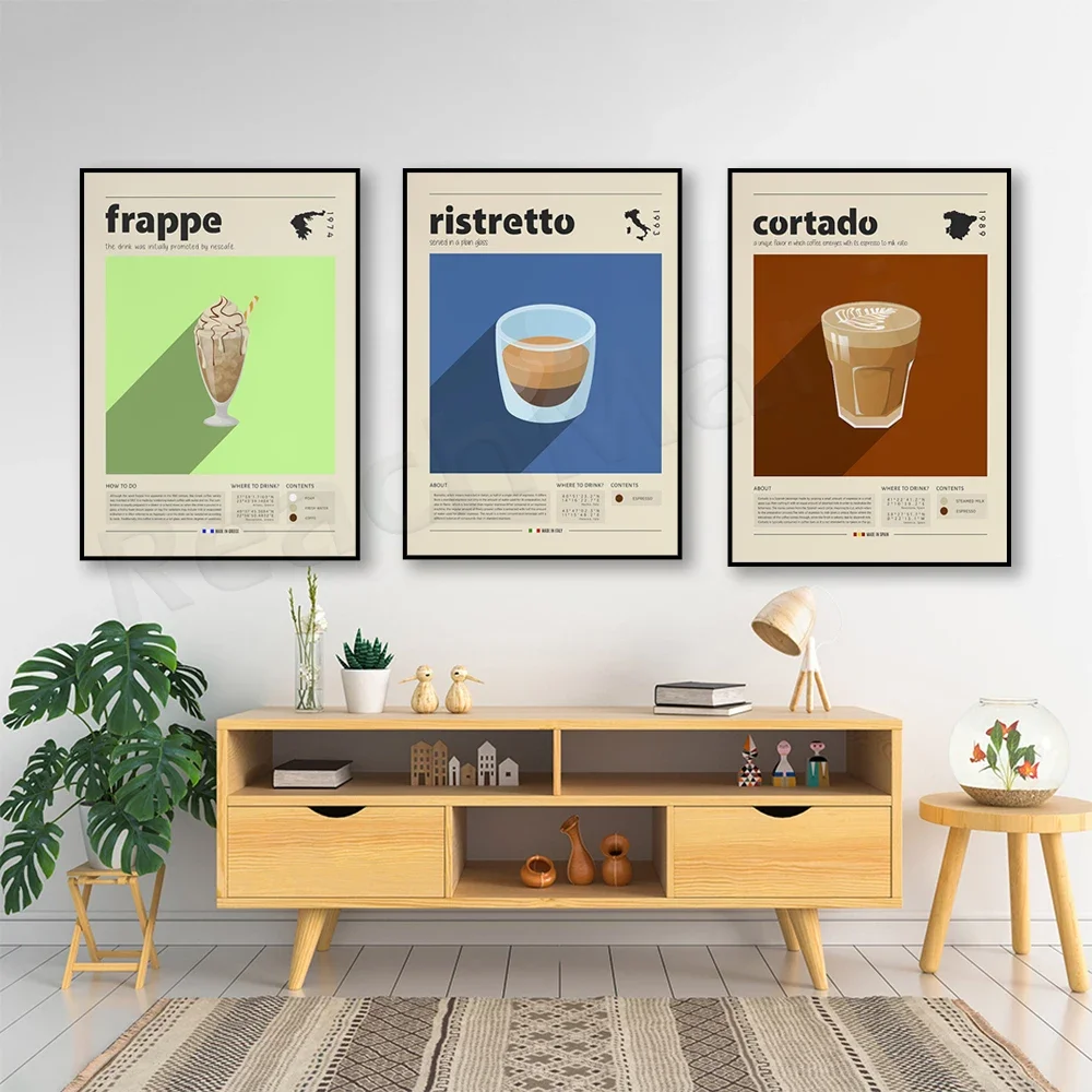 Mid-Century Kitchen Decor Poster - Greek Coffee Frappe Spanish Coffee Cortado Italian Coffee Ristretto Print Housewarming Gift
