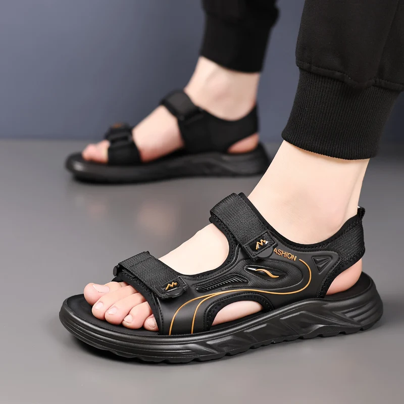 

Мужские кожаные сандалии для активного отдыха, пляжные шлепанцы, мягкая летняя обувь для мужчин