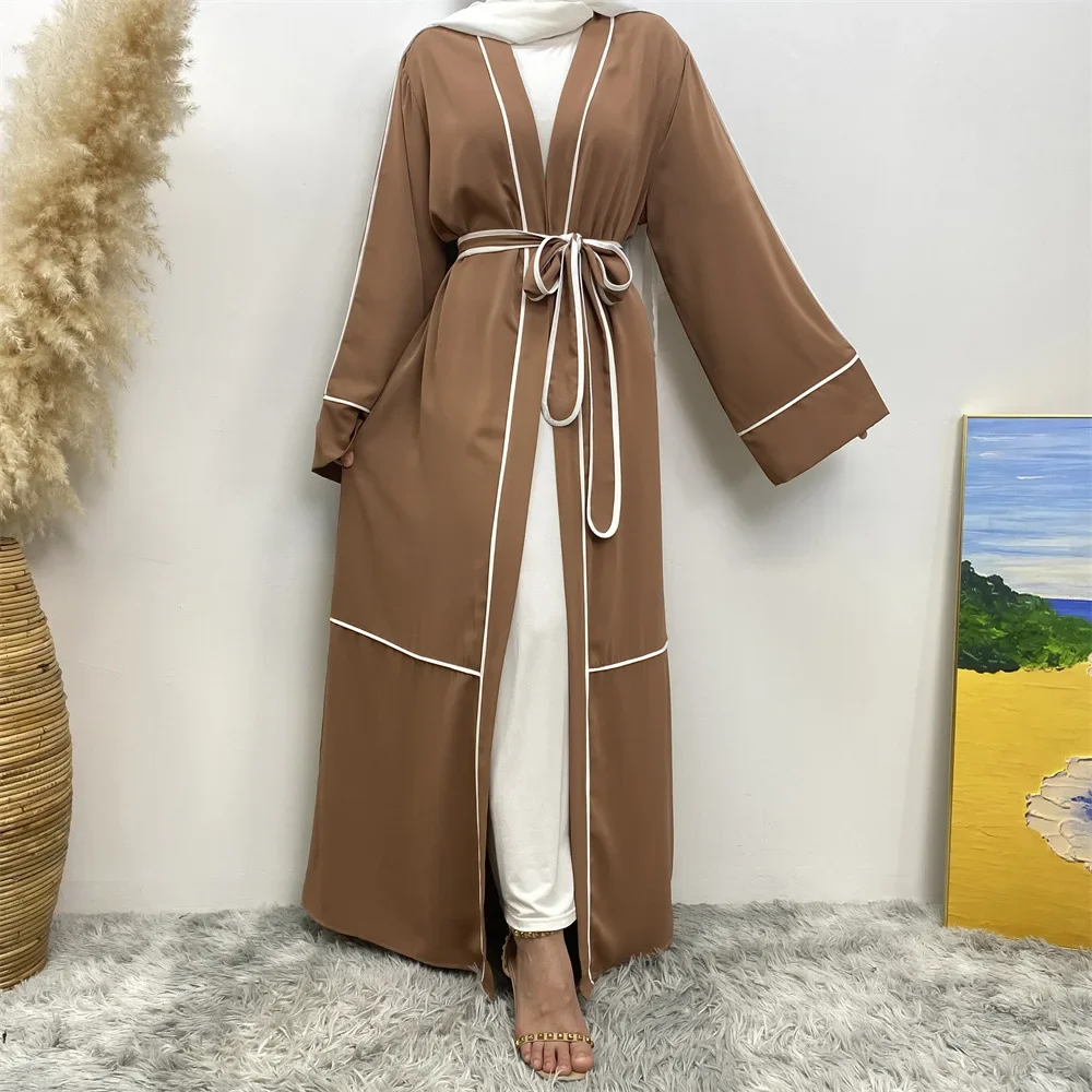 

Long Plus-size Dress Casual Striped Cardigan Muslim Robe Arabian Saudi Dubai Abaya Lace-up Dress for Women Kaftan Femme Musulman