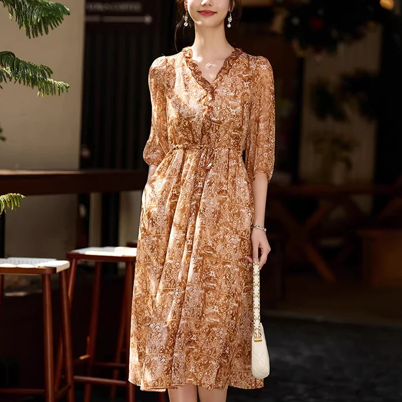 New 100% Real Silk Vintage Dresses for Women Summer 2026 Elegant V-neck Women's Print Dress A-line Holiday Woman Long Dress