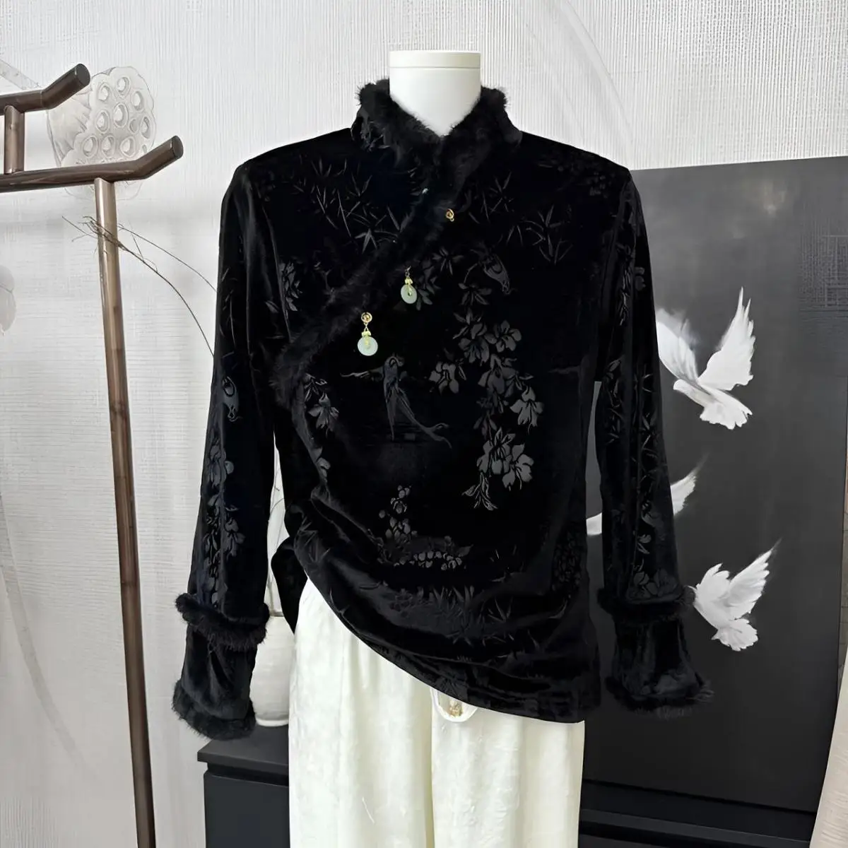 

Half Turtle Neck Chinese Top, Embroidered New National Style Jacquard Retro Art Traditional Oriental Shirt Black