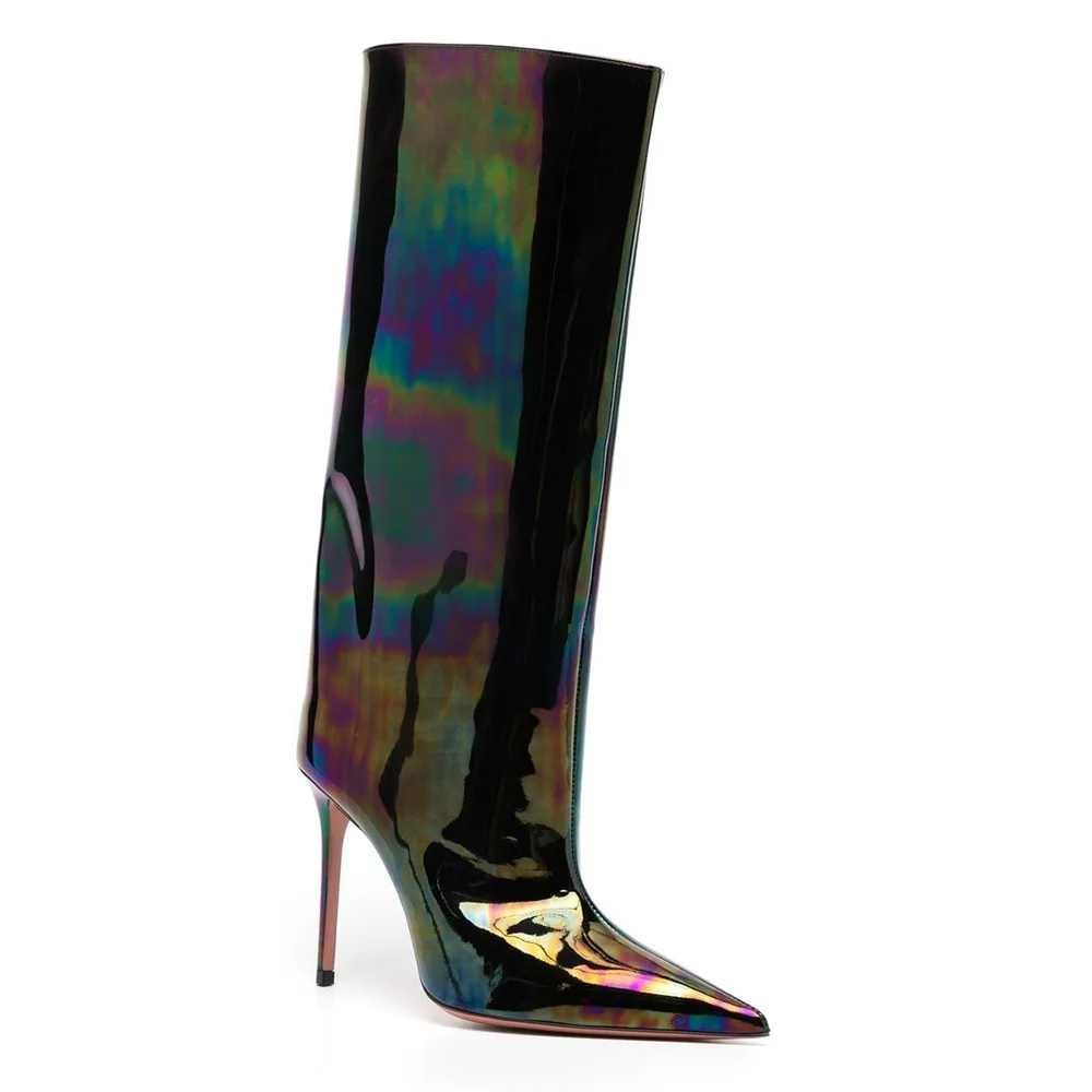 

Autumn Retro Black Patent Leather Knee-High Boots Fashionable Pointed Toe Stiletto Sleeves Elegant Spring Fashion Boots Big Size