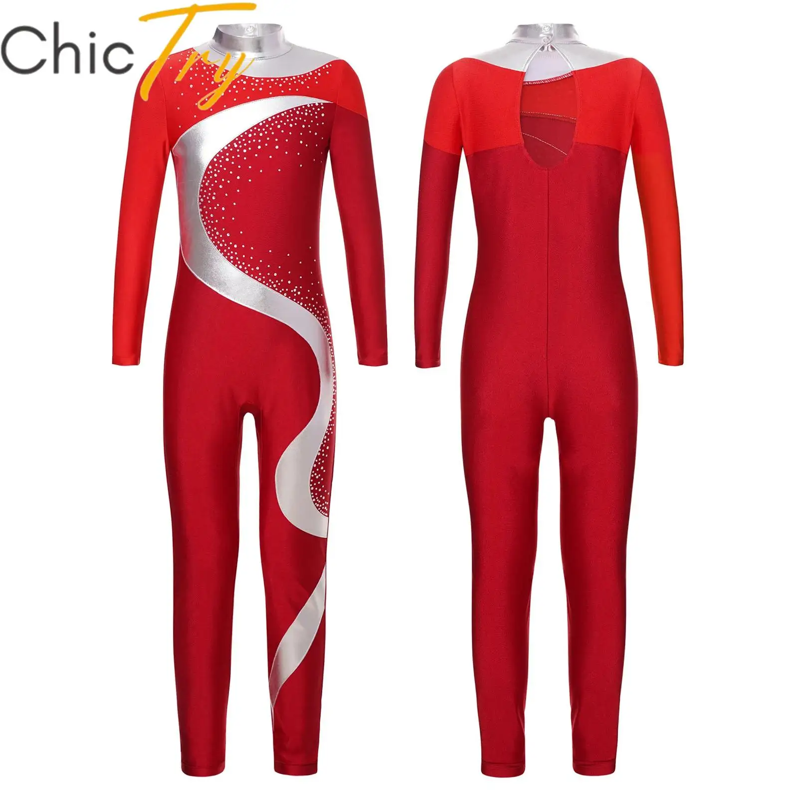 

Kids Girls Ballet Gymnastics Jumpsuit Long Sleeve Figure Ice Skating Leotard Mock Neck Keyhole Back Bodysuit Dance Performance