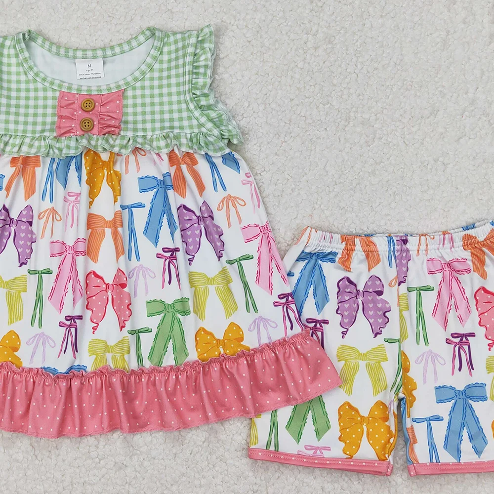 GSSO2089 Baby Girls Colorful Bows Tunic Top Ruffle Shorts Clothes Sets