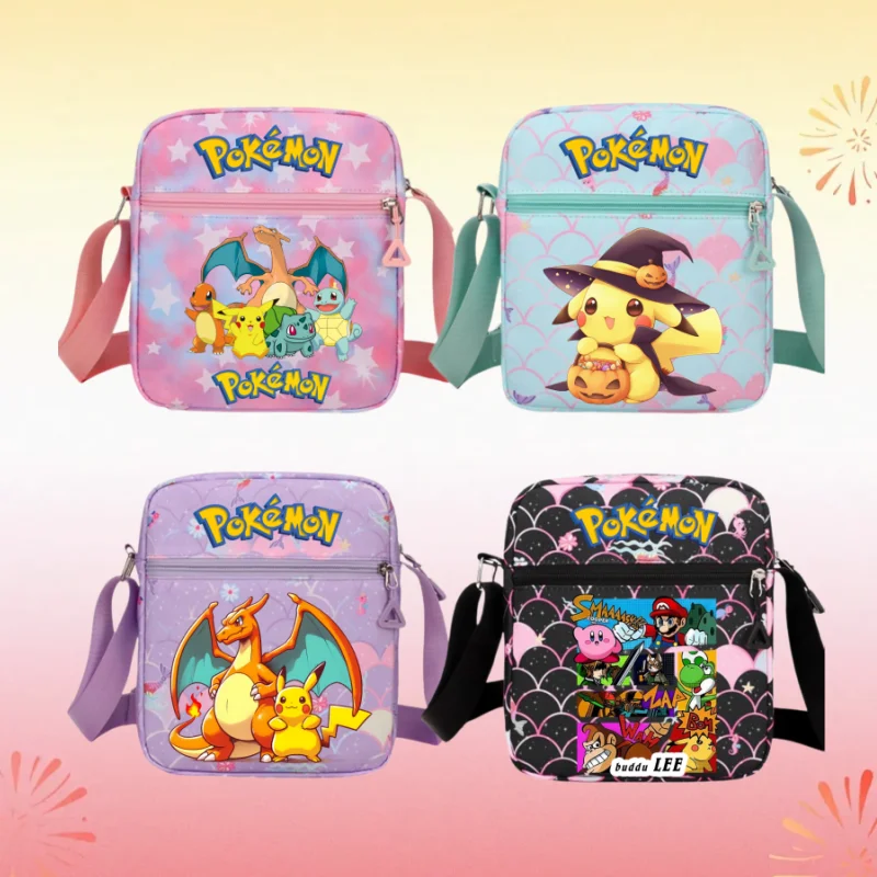 Anime Pokemon Pikachu Charizard Eevee Cartoon Print Crossbody Bag Lightweight Adjustable  Kids Shoulder Bag Storage Pouch Gift