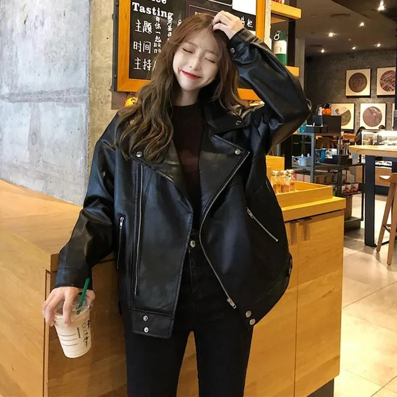 Basic Jackets Women Spring Autumn Korean Style Loose Biker Turn-down Collar All-match Pu Leather Fashion Casual Female Outwear