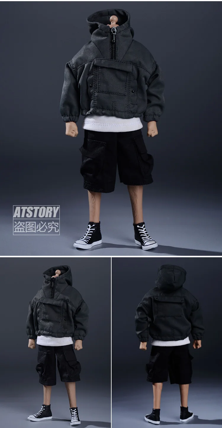 Jaket Gaya Jalanan Gambar Pria Trendi Skala 1/12 Mantel Bertudung Celana Terusan Banyak Saku untuk Action Figure 6 Inci